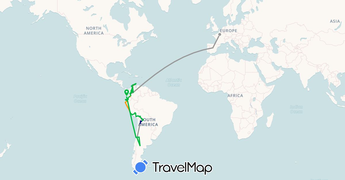 TravelMap itinerary: driving, bus, plane, hiking, boat, hitchhiking in Argentina, Bolivia, Chile, Colombia, Ecuador, Spain, France, Peru (Europe, South America)